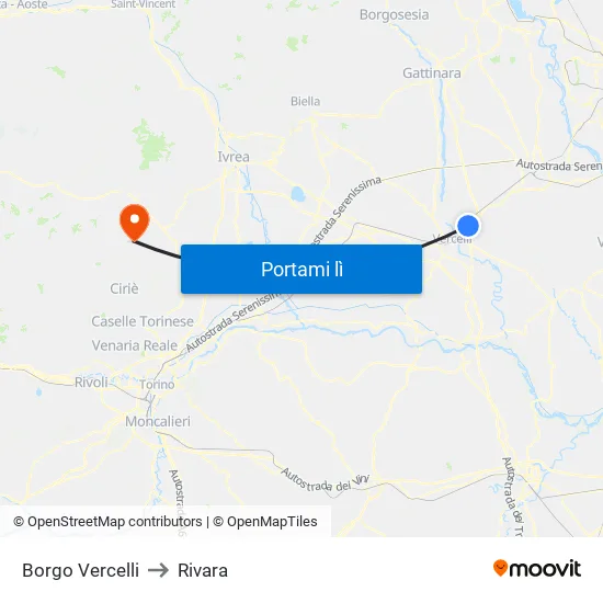 Borgo Vercelli to Rivara map
