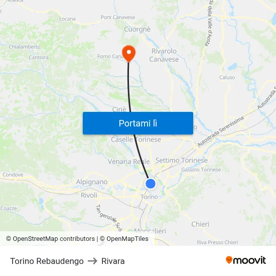 Torino Rebaudengo to Rivara map