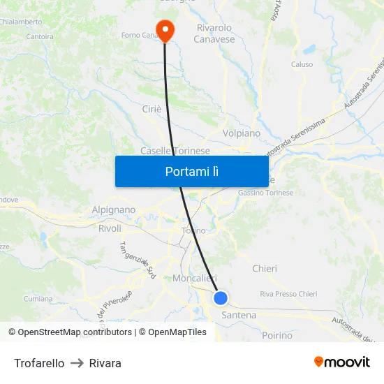 Trofarello to Rivara map