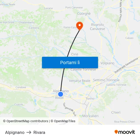 Alpignano to Rivara map
