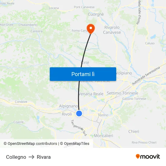 Collegno to Rivara map
