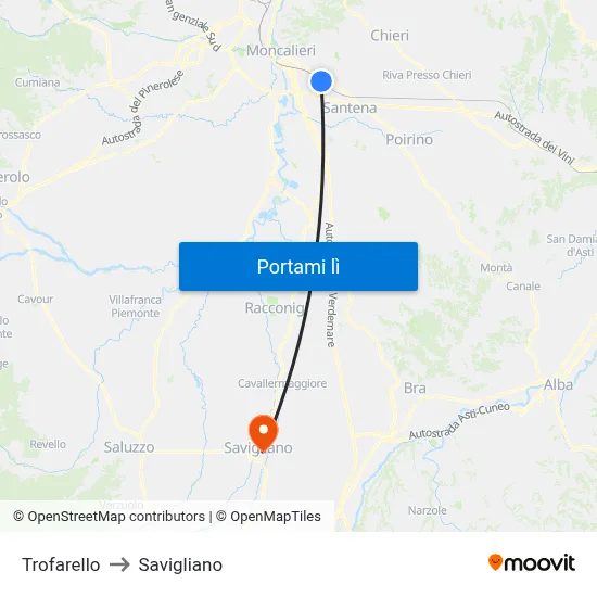 Trofarello to Savigliano map