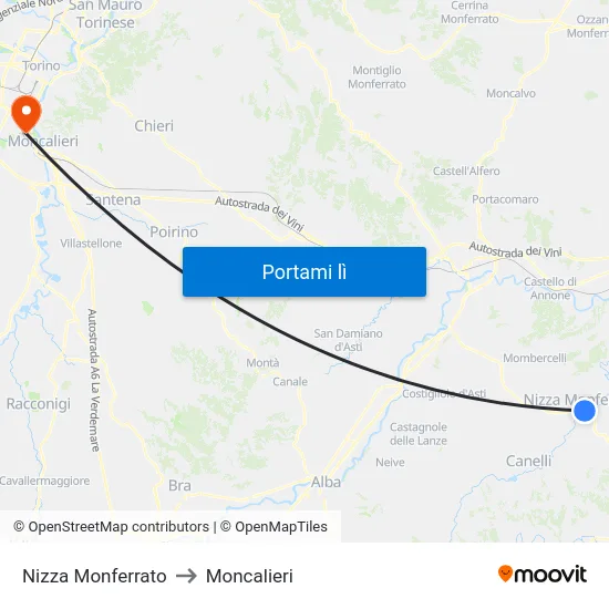Nizza Monferrato to Moncalieri map