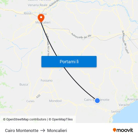 Cairo Montenotte to Moncalieri map