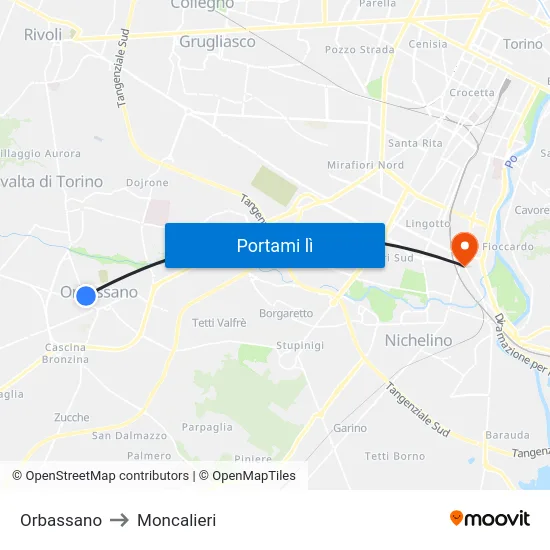 Orbassano to Moncalieri map