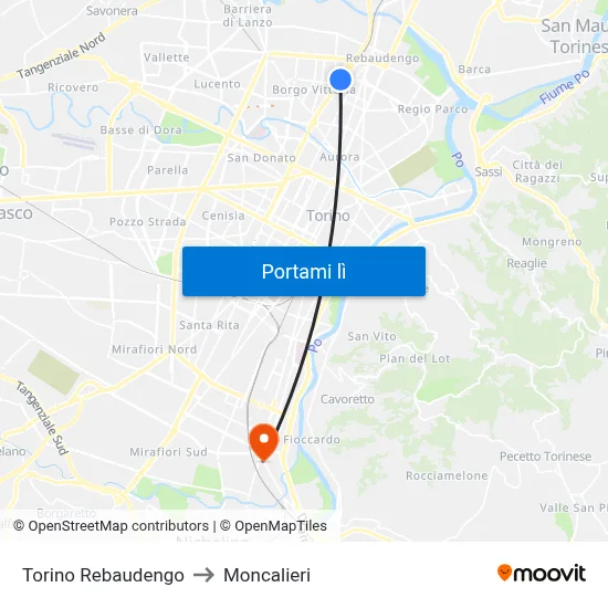 Torino Rebaudengo to Moncalieri map
