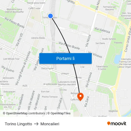 Torino Lingotto to Moncalieri map