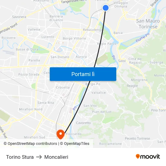 Torino Stura to Moncalieri map