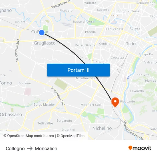Collegno to Moncalieri map