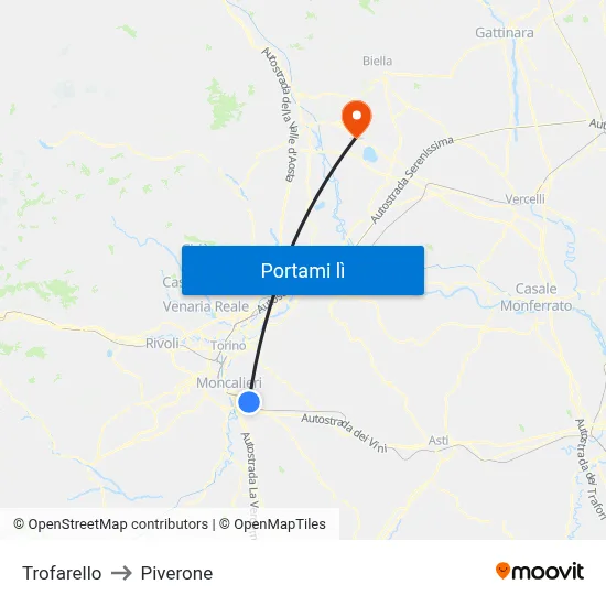 Trofarello to Piverone map