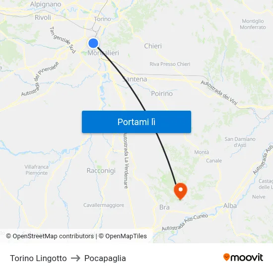 Torino Lingotto to Pocapaglia map