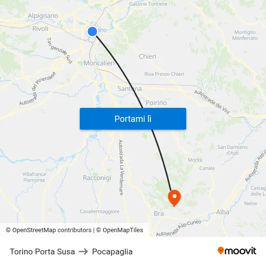 Torino Porta Susa to Pocapaglia map