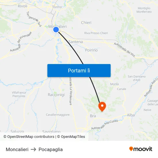 Moncalieri to Pocapaglia map