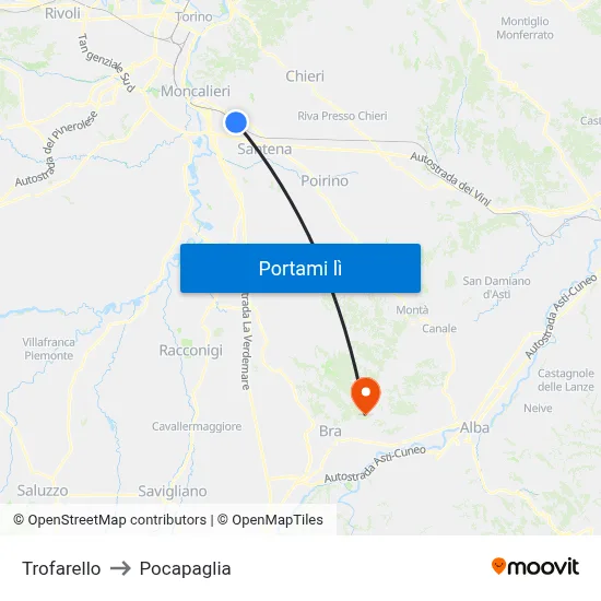 Trofarello to Pocapaglia map