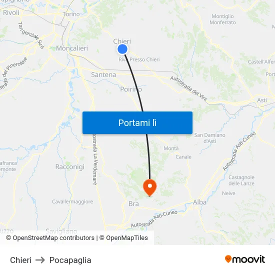 Chieri to Pocapaglia map