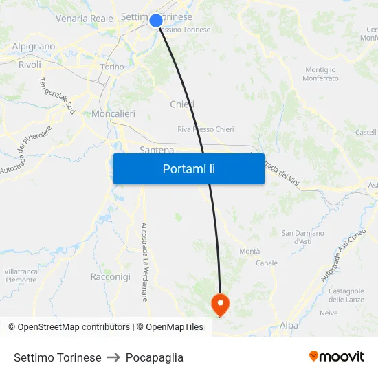 Settimo Torinese to Pocapaglia map