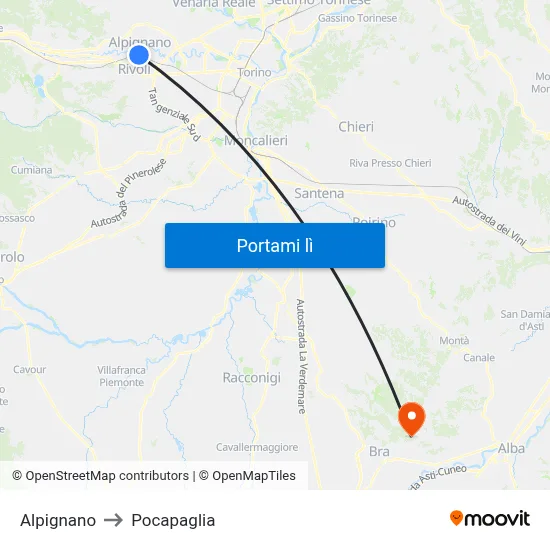 Alpignano to Pocapaglia map