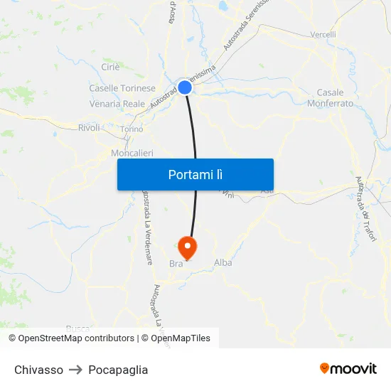 Chivasso to Pocapaglia map