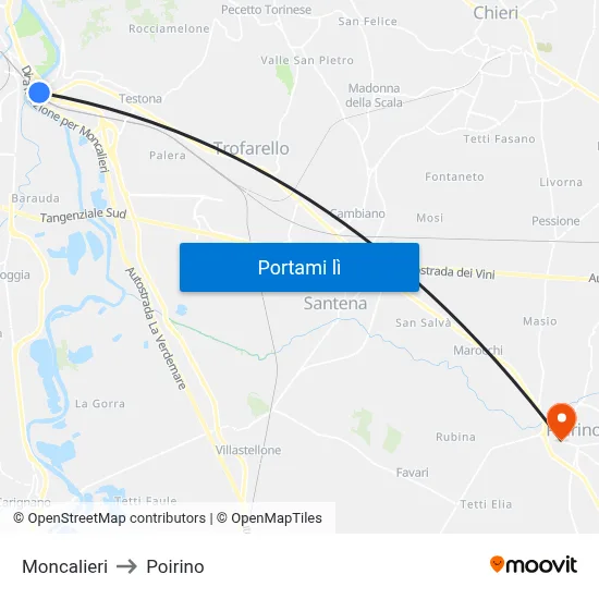 Moncalieri to Poirino map