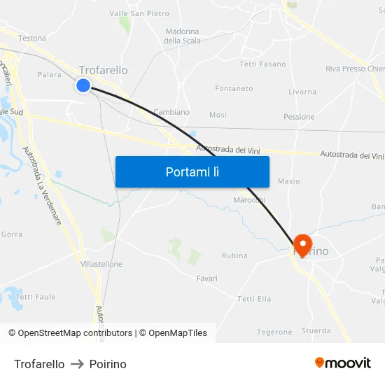 Trofarello to Poirino map