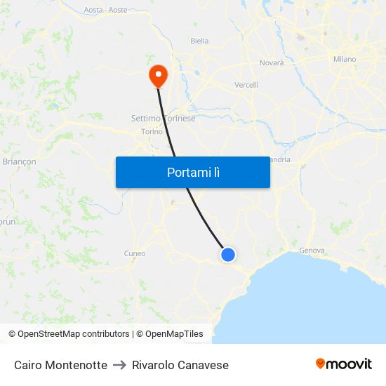 Cairo Montenotte to Rivarolo Canavese map