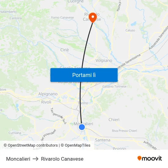 Moncalieri to Rivarolo Canavese map