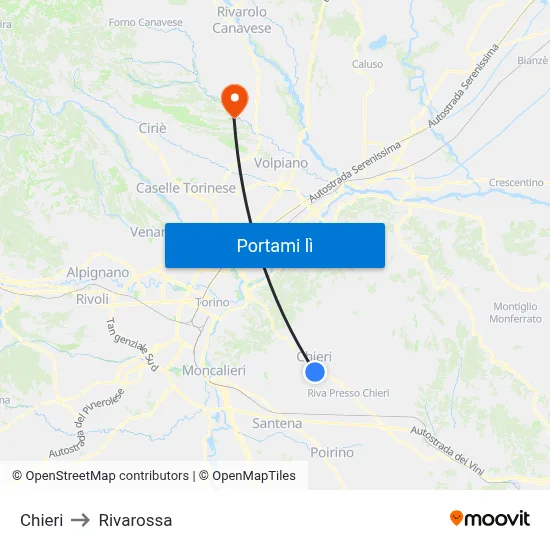 Chieri to Rivarossa map