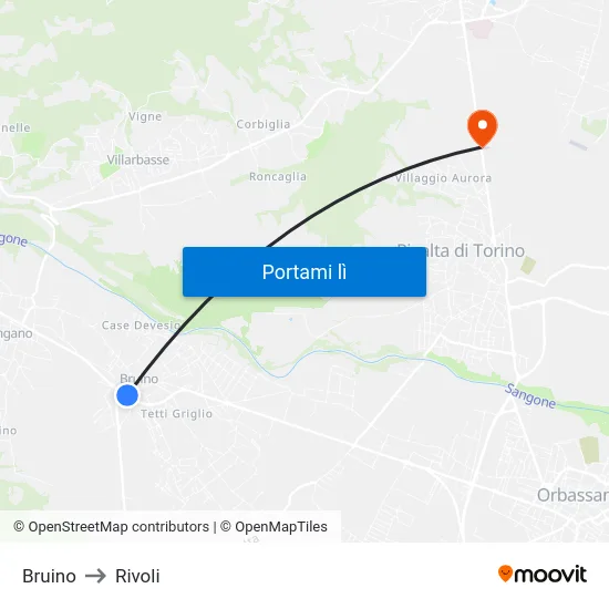 Bruino to Rivoli map