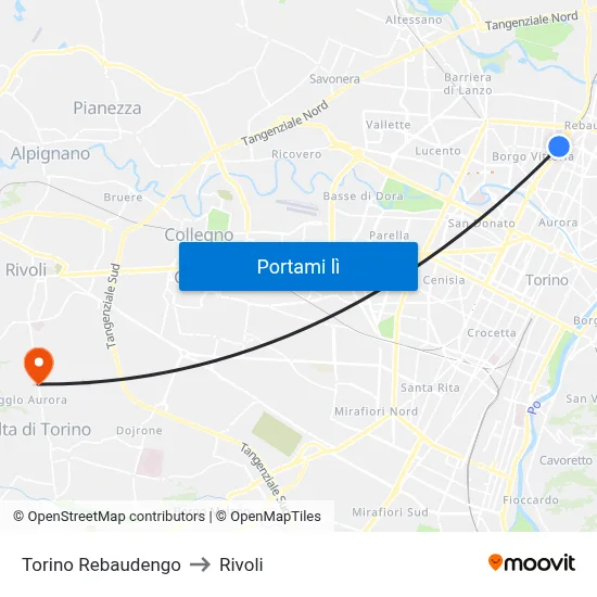 Torino Rebaudengo to Rivoli map