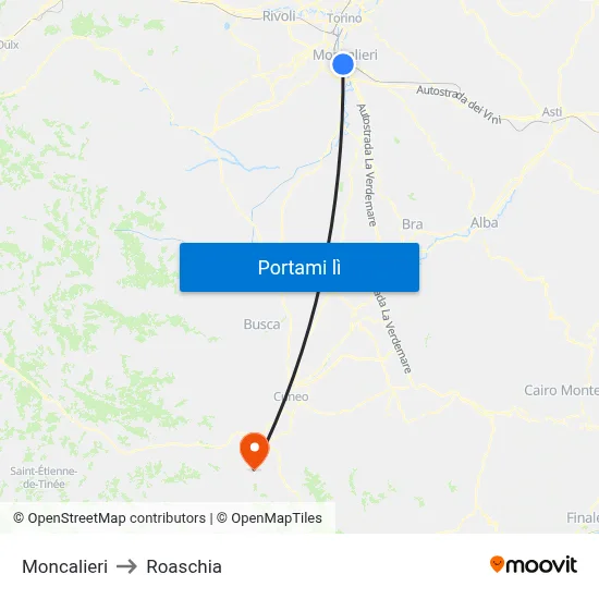 Moncalieri to Roaschia map