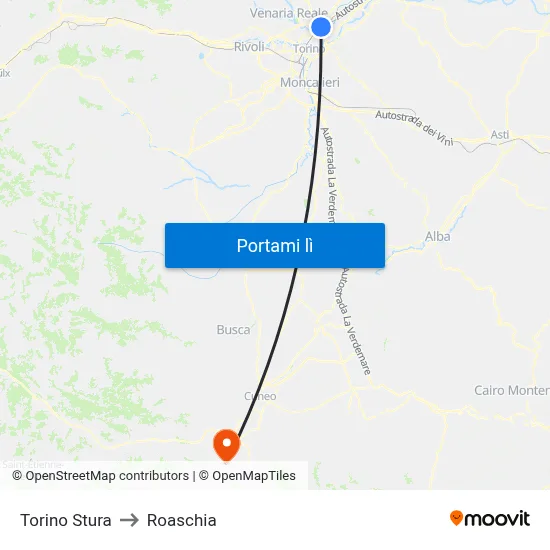 Torino Stura to Roaschia map