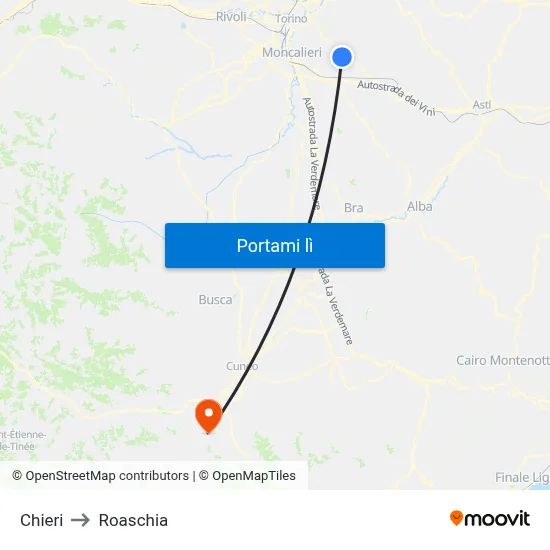 Chieri to Roaschia map