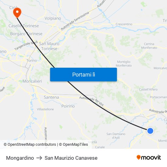 Mongardino to San Maurizio Canavese map