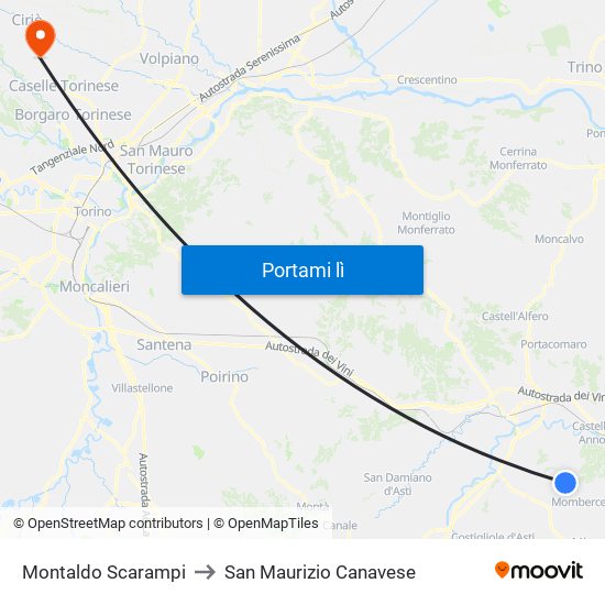 Montaldo Scarampi to San Maurizio Canavese map