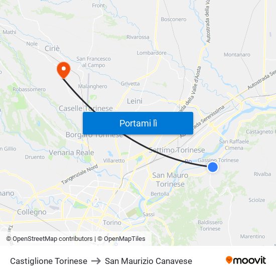 Castiglione Torinese to San Maurizio Canavese map