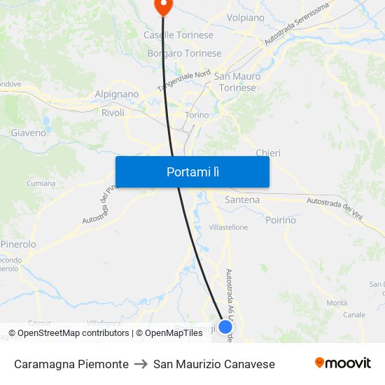 Caramagna Piemonte to San Maurizio Canavese map