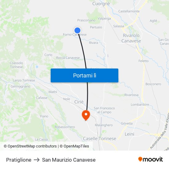 Pratiglione to San Maurizio Canavese map