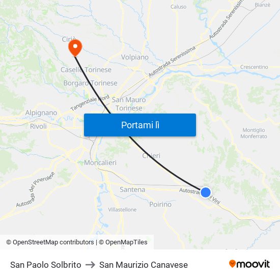 San Paolo Solbrito to San Maurizio Canavese map