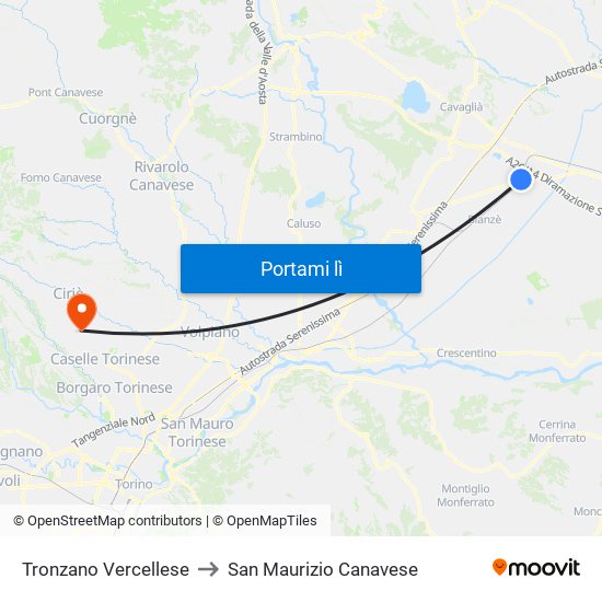 Tronzano Vercellese to San Maurizio Canavese map