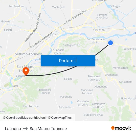 Lauriano to San Mauro Torinese map