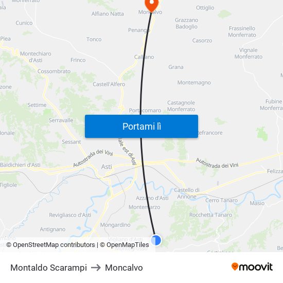 Montaldo Scarampi to Moncalvo map