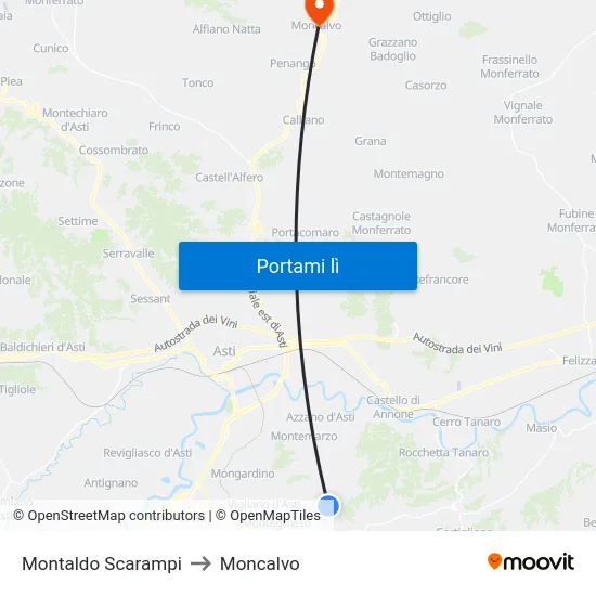 Montaldo Scarampi to Moncalvo map