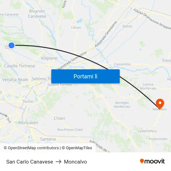 San Carlo Canavese to Moncalvo map