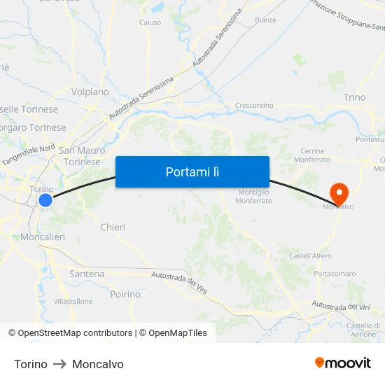 Torino to Moncalvo map