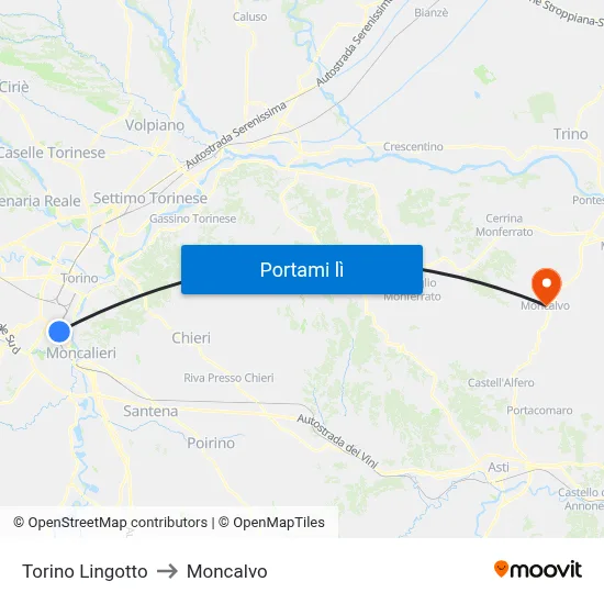 Torino Lingotto to Moncalvo map