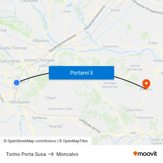 Torino Porta Susa to Moncalvo map