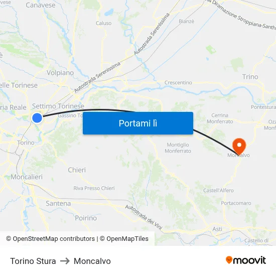 Torino Stura to Moncalvo map