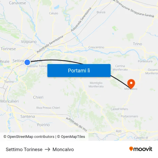 Settimo Torinese to Moncalvo map