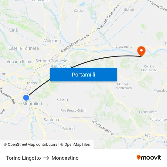 Torino Lingotto to Moncestino map