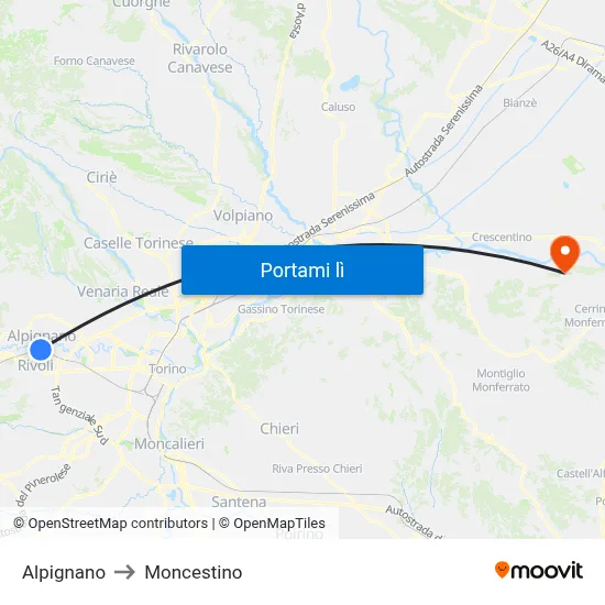 Alpignano to Moncestino map